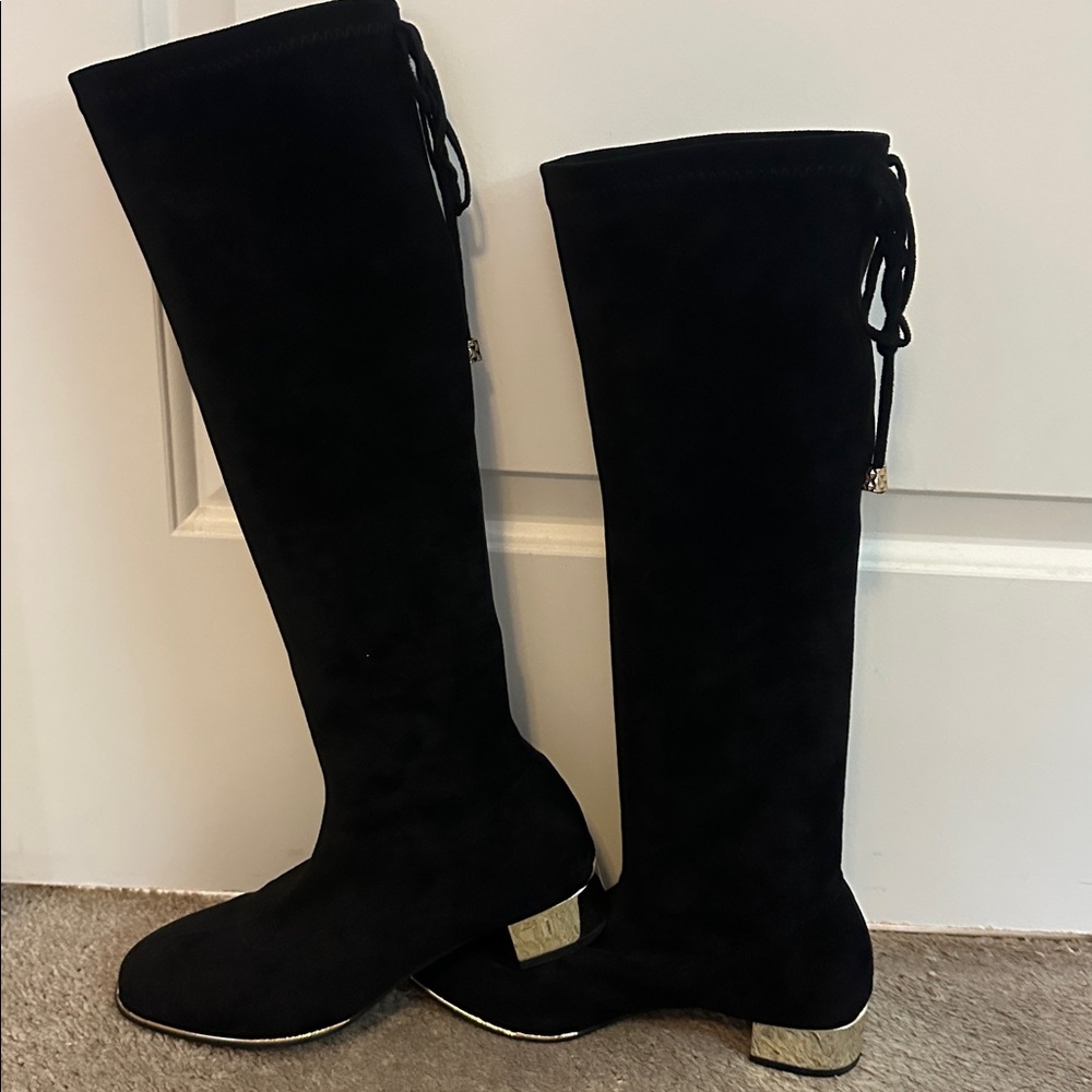 C. Paravano knee high black suede boots with gold heal. - Picture 2 of 7